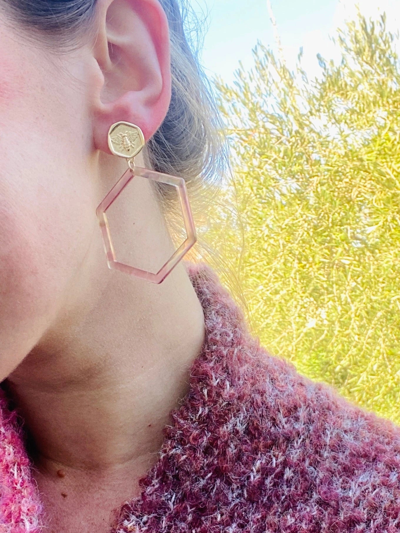 Blush Tortoise Hex and Brass Bee Hoops